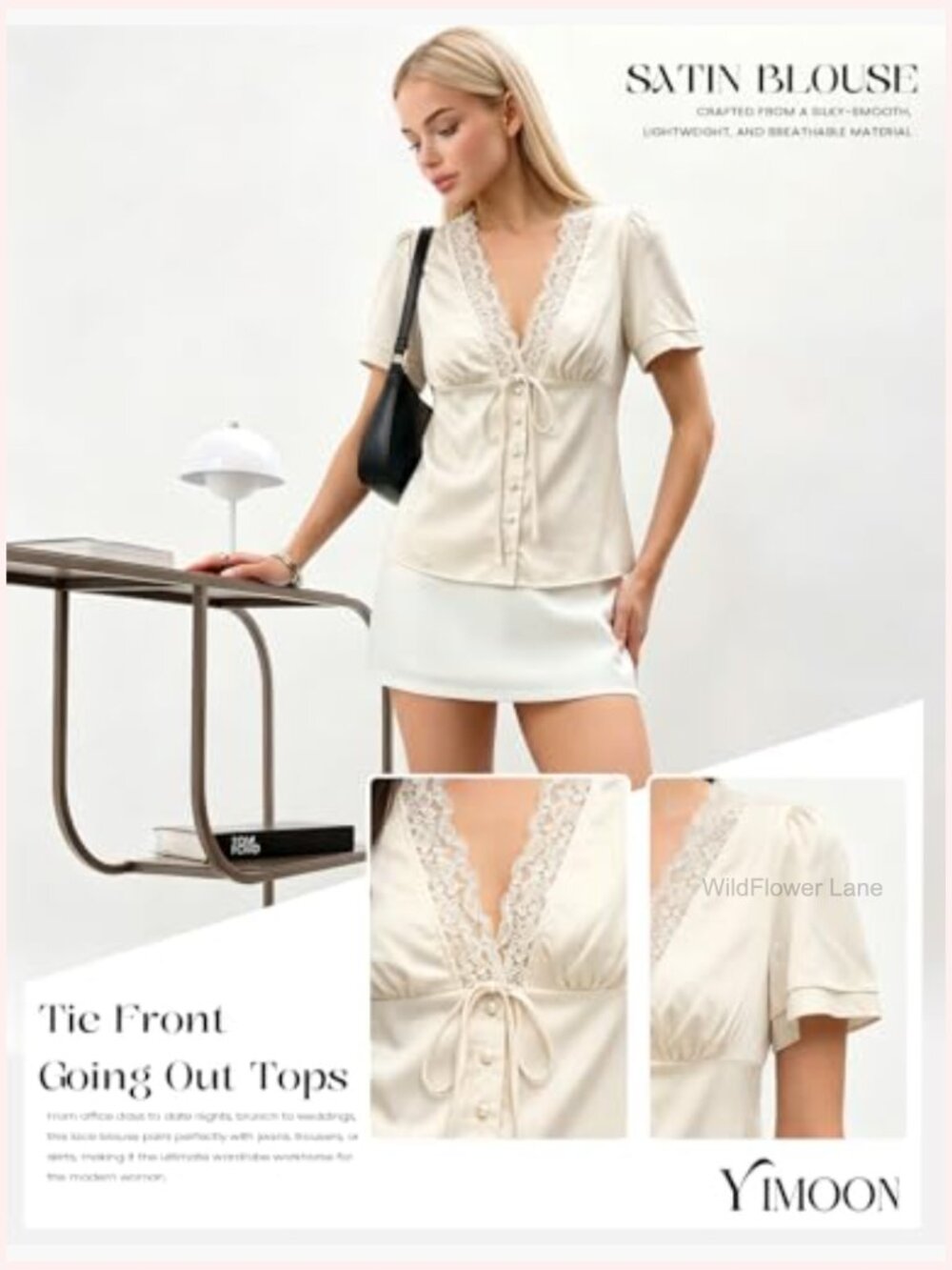 Satin V-Neck Lace Trim Blouse Tie Front Button Down Tops - Picture 5 of 6